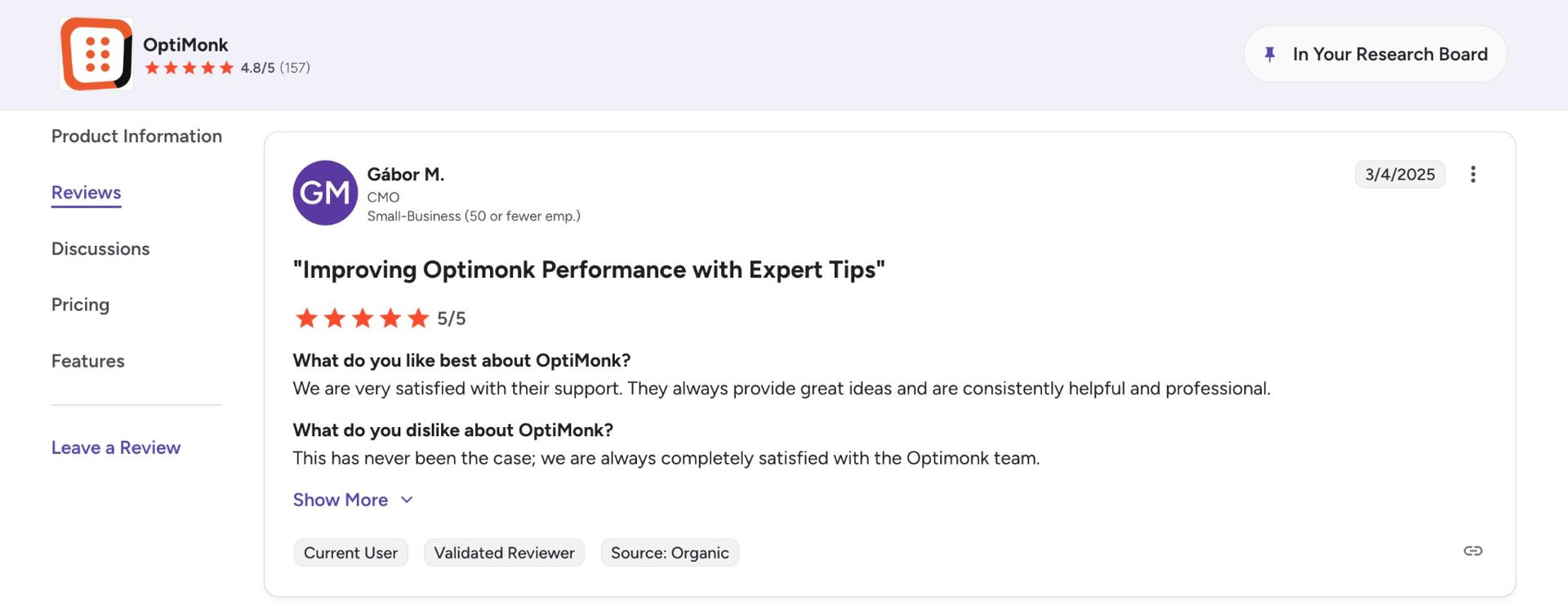 OptiMonk G2 review - 5 stars - We are very satisfied with their support