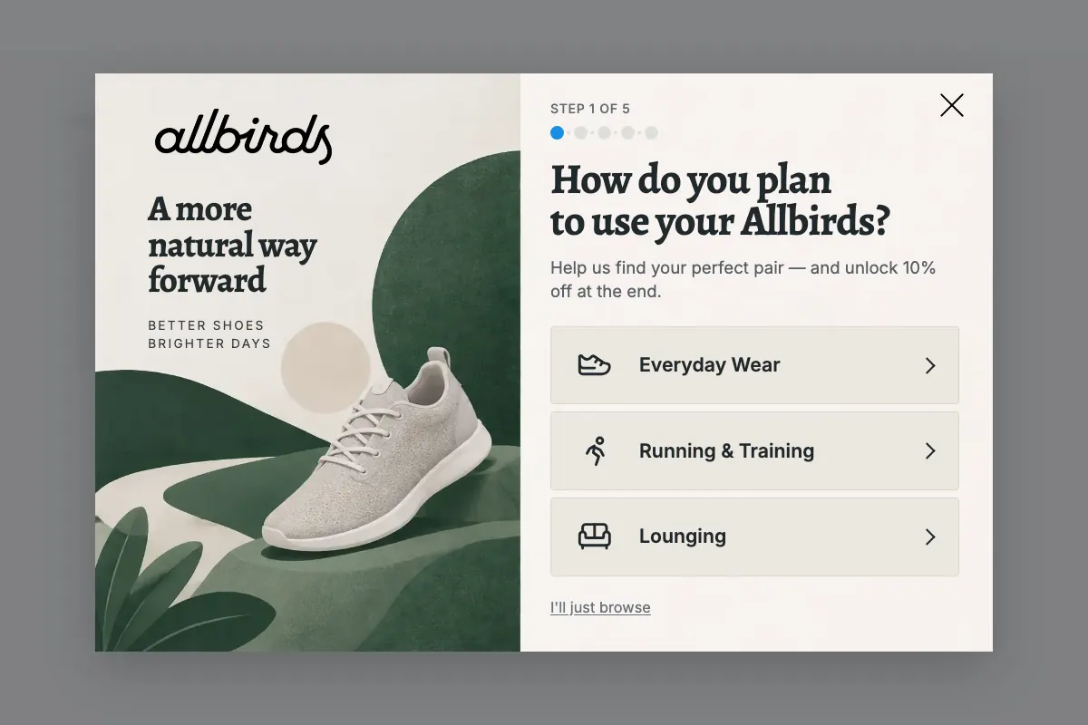 The quiz popup the agent built for allbirds.com