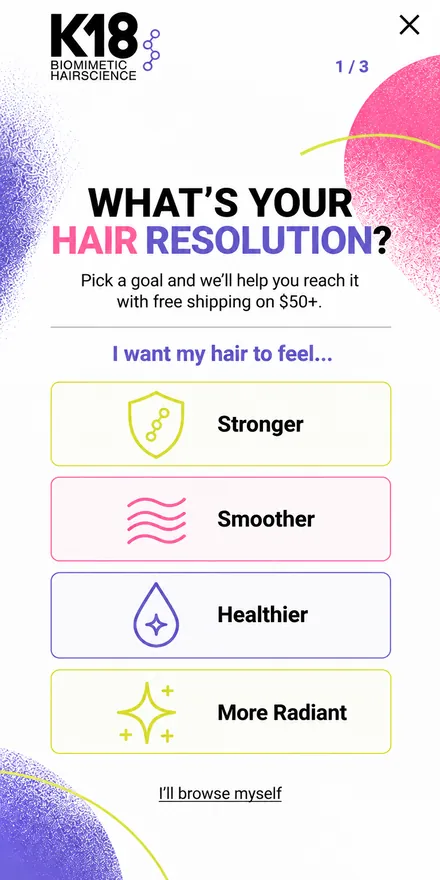 Product finder quiz popup on a phone