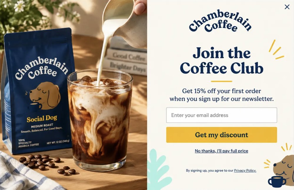 Chamberlain Coffee hírlevél popup, az ügynök készítette