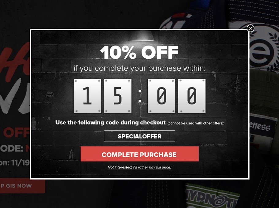 Abandoned cart recovery popup with 10% off coupon