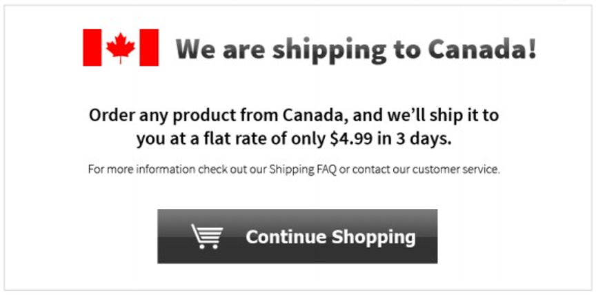 Example of pop-up promoting shipping in the content