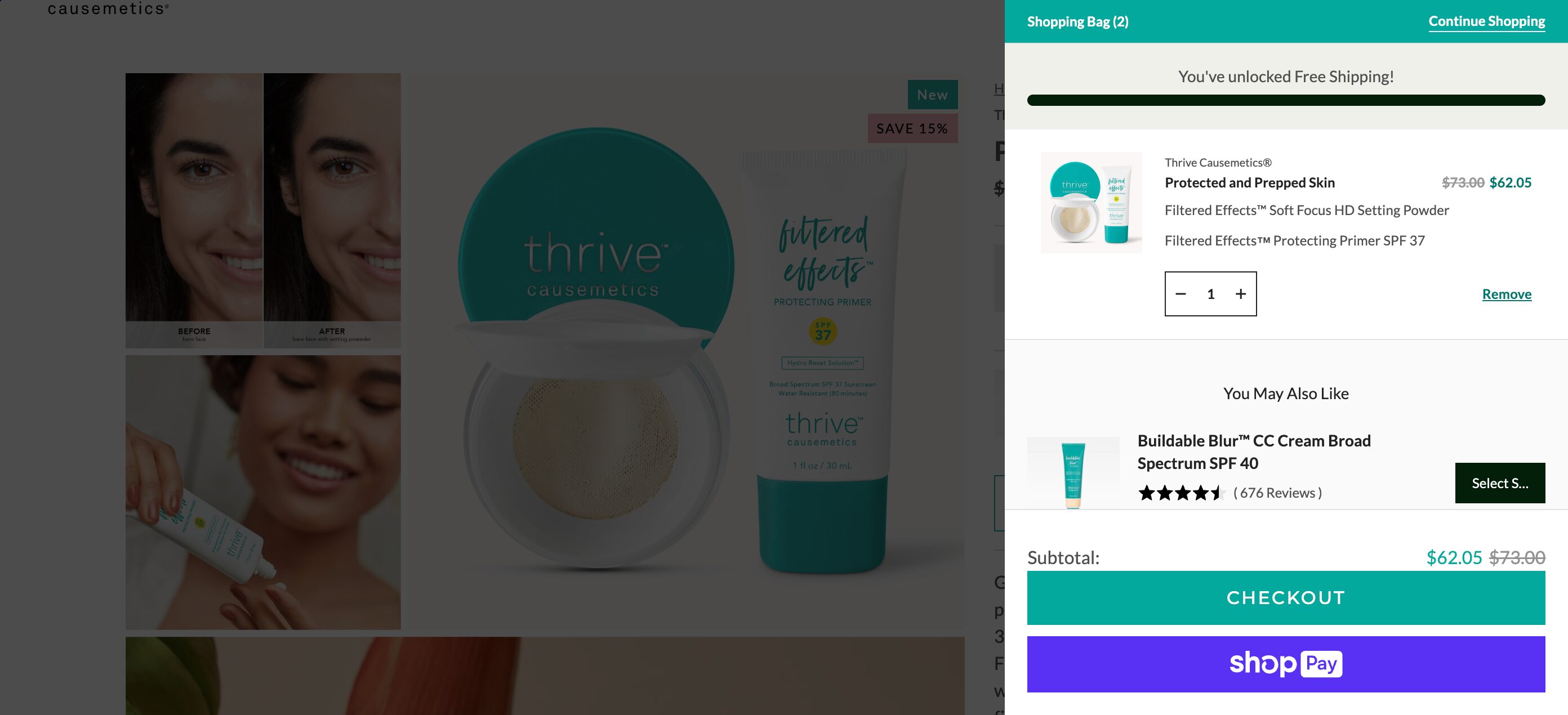 Thrive Causemetics’ homepage features before/after visuals.