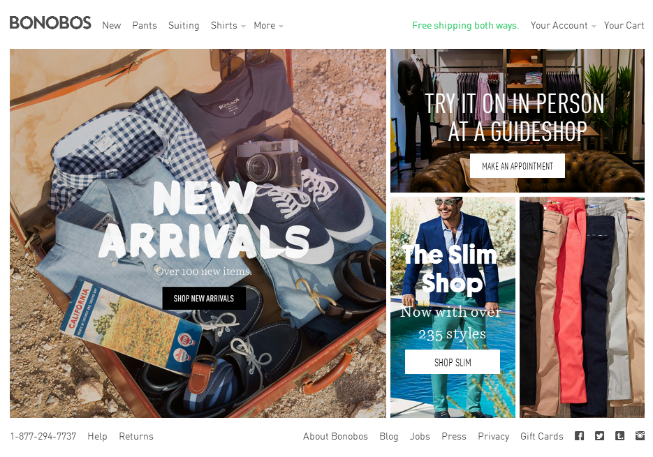 Bonobos’ homepage features large photos of their popular products