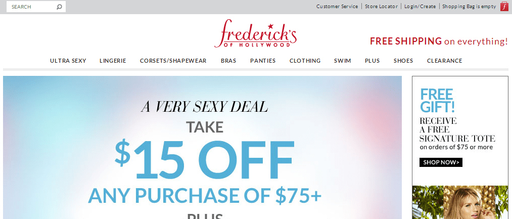 Frederick’s of Hollywood places shipping information at the top of the page