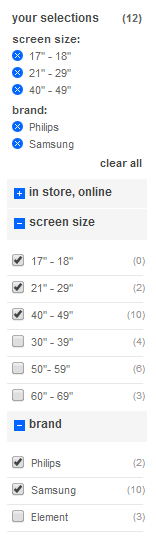 Faceted search menu options