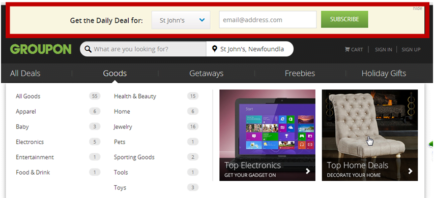 Groupon opt-in sticky bar