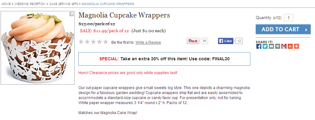 ShopForWeddings includes “while supplies last” on their product pages