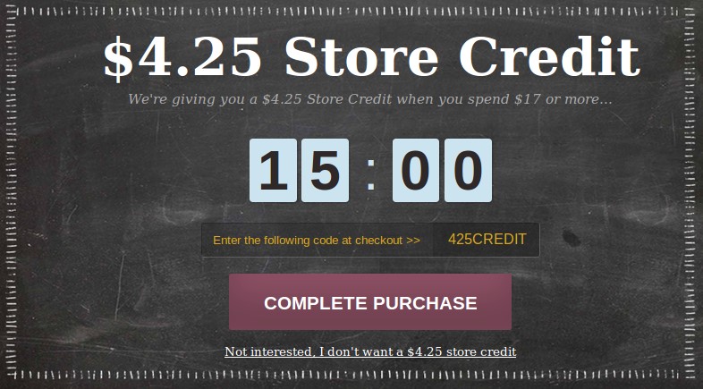 Popup showing a store credit with countdown timer