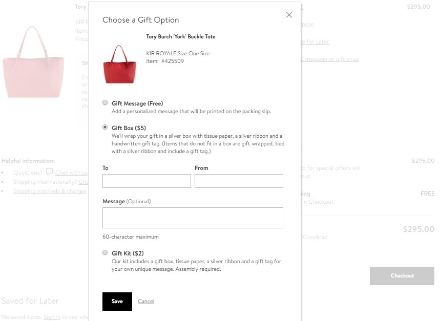 Upselling example with gift upgrade options