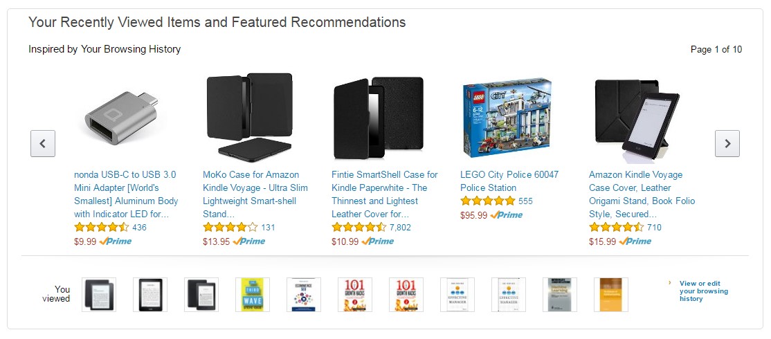 Amazon showing recommended products based on recent views and featured recommendations