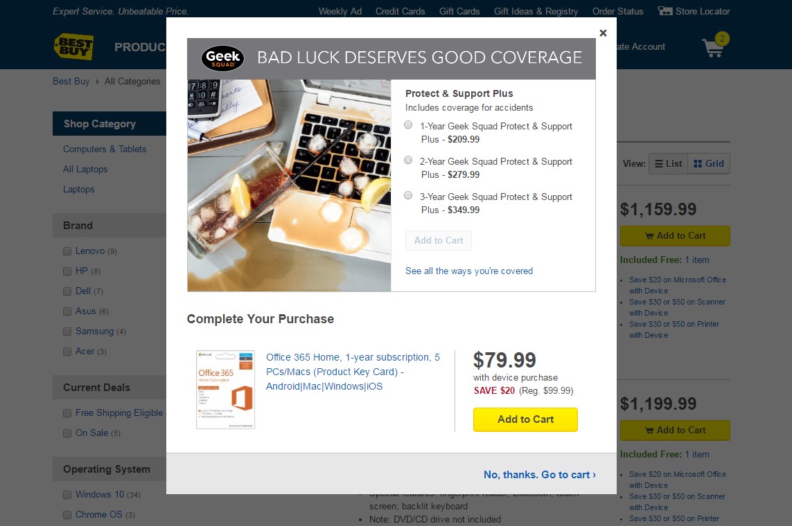 Cross-sell promotional discount shown with a popup