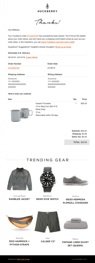 Huckberry order confirmation email