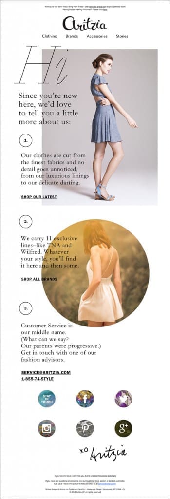 Welcome email highlighting the benefits of shopping with the brand