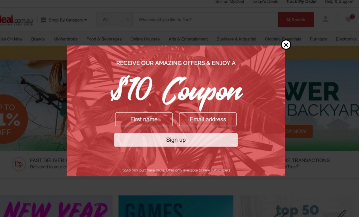 Mydeal $10 coupon popup