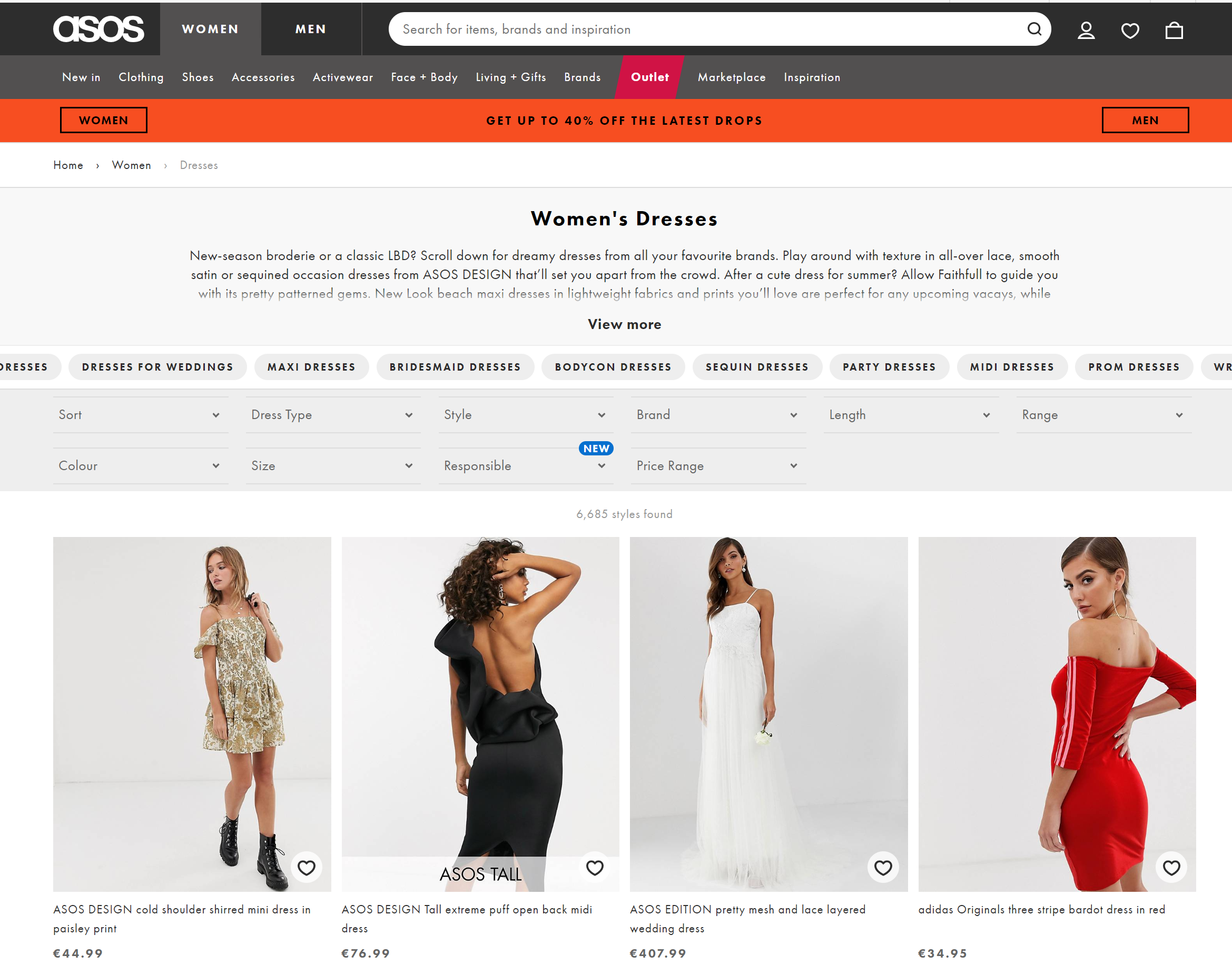 ASOS ecommerce product listing page