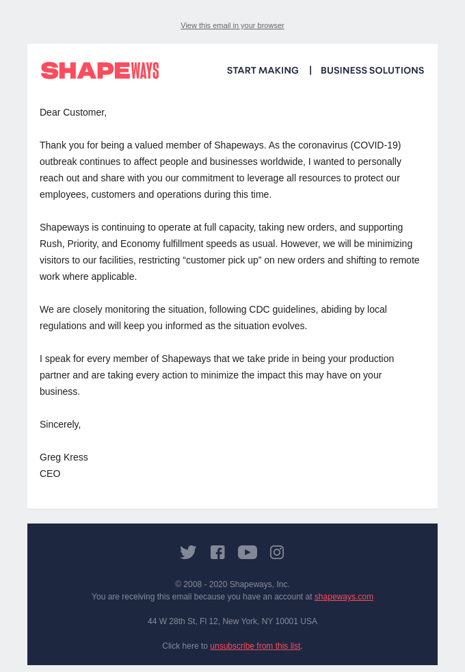 The impact of the coronavirus / COVID-19 on eCommerce stores shapeways email - The impact of the coronavirus / COVID-19 on eCommerce stores