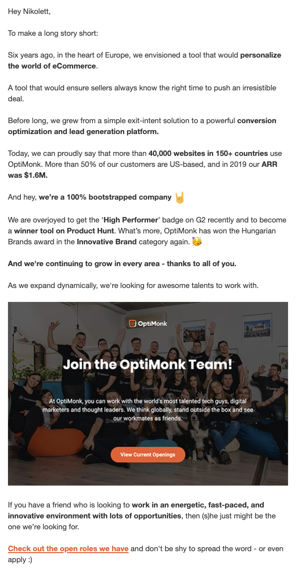 A job offer email from OptiMonk, one of the different types of emails