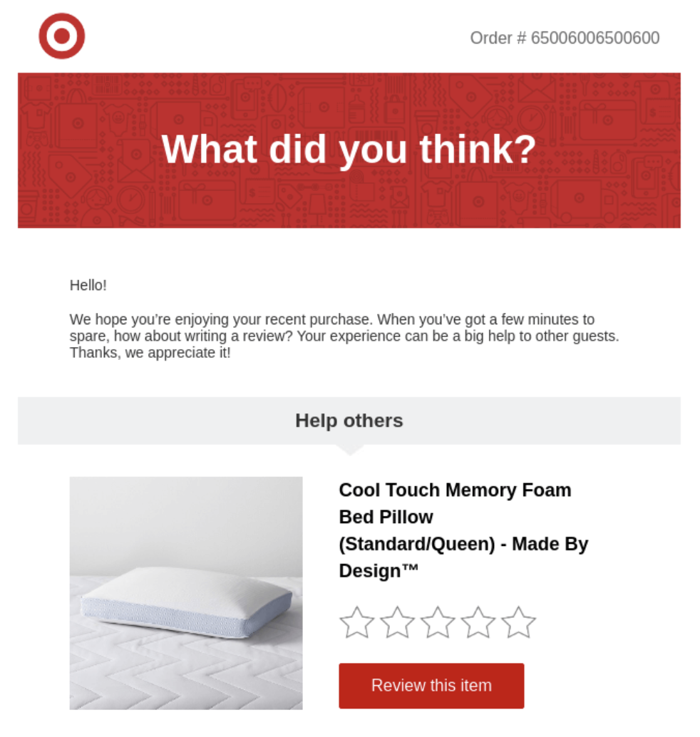 A feedback email from Target, one of the different types of emails