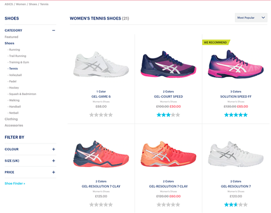 Asics’ psychographic segmentation product listings