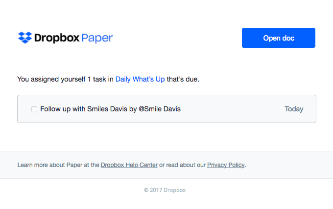 A reminder email from Dropbox, one of the different types of emails