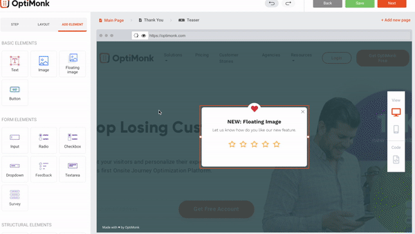 Placing a floating image on a popup