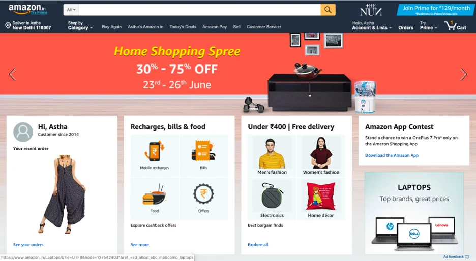 Personalized website example from Amazon