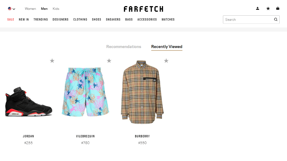 Dynamic website personalization example from Farfetch