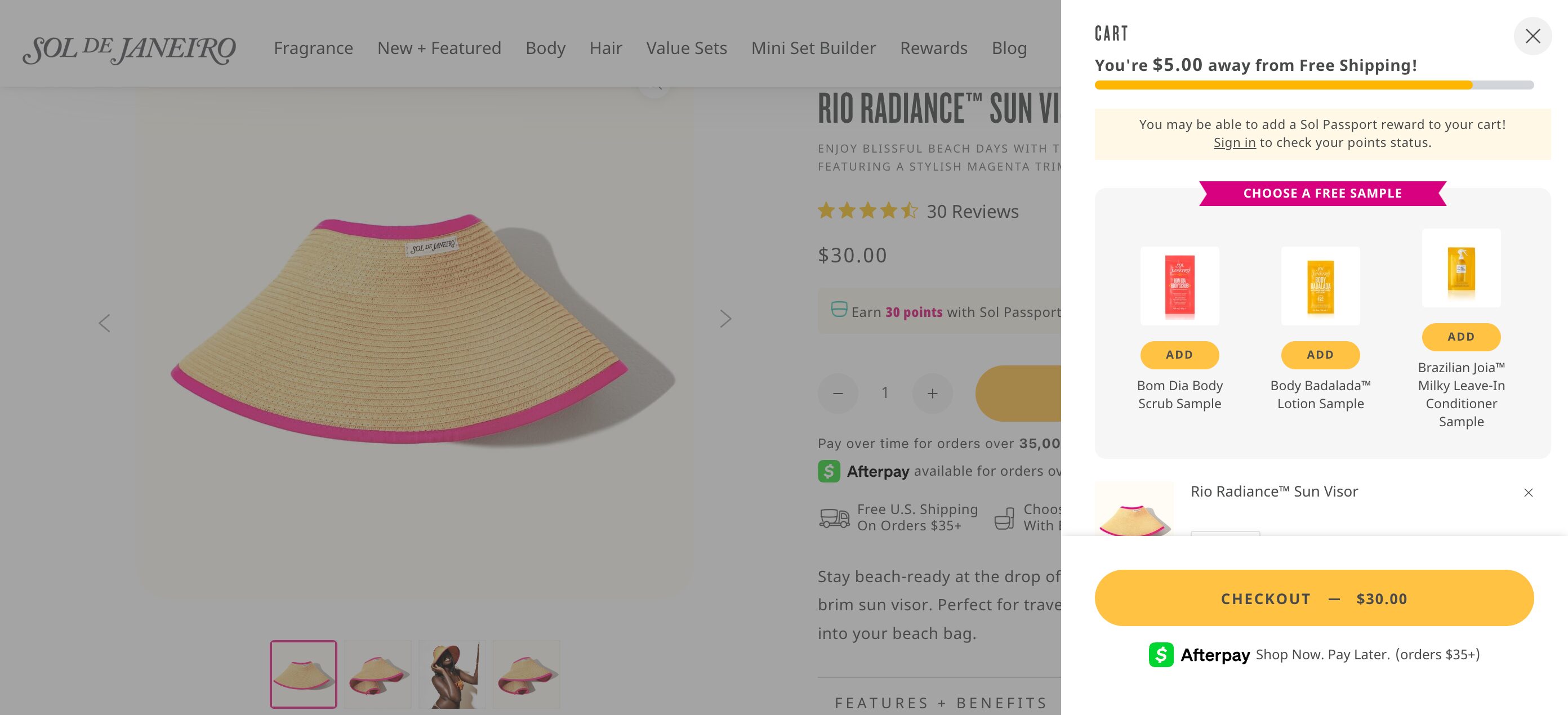 Sol de Janeiro's homepage includes progress bar and free shipping.