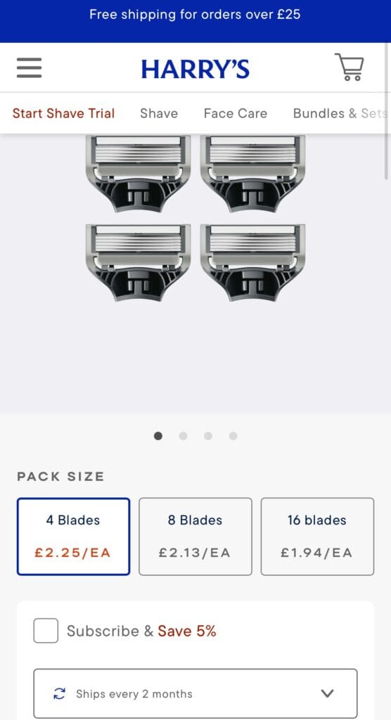 Harry's site promotes new products with clear CTAs.