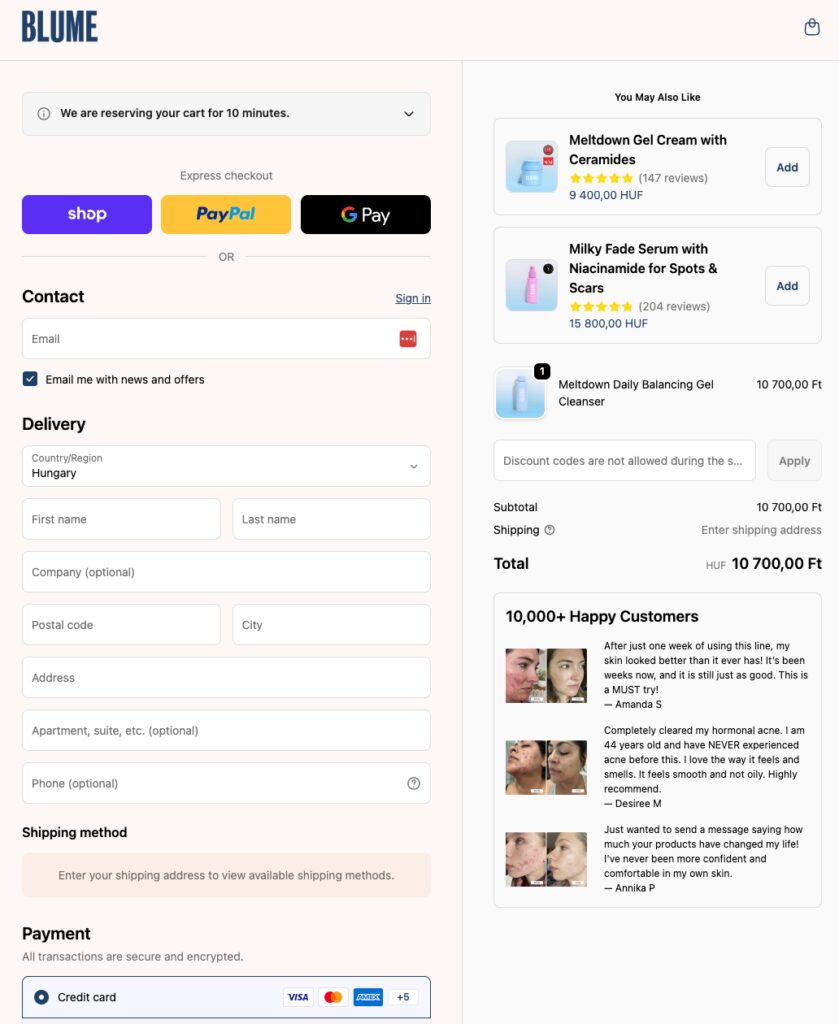 Blume's well-structured shopping cart page
