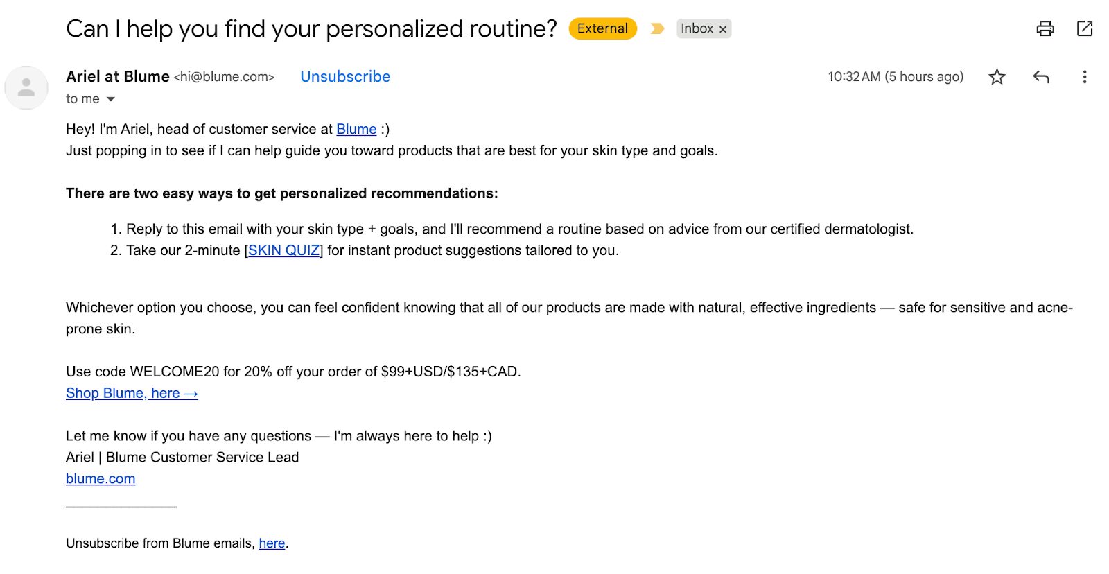 Email sent by Blume.