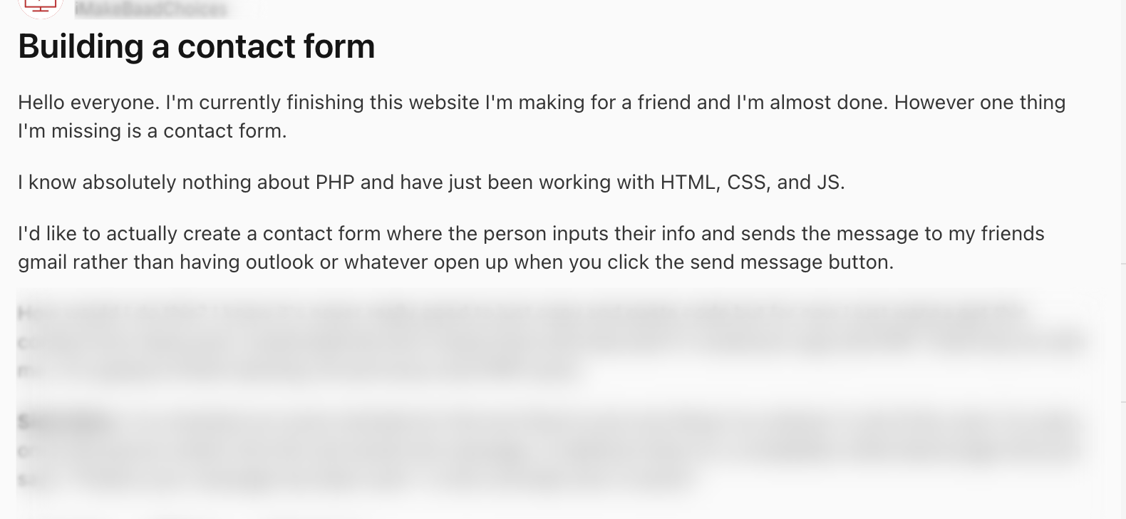 Building a contact form Reddit post