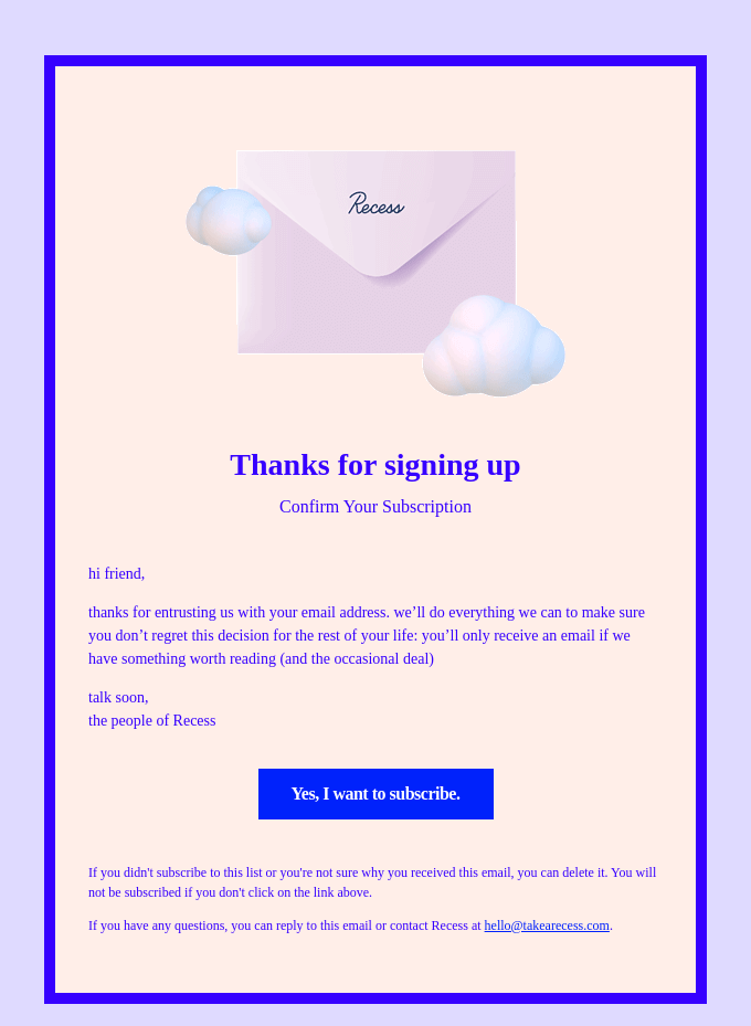 Recess confirmation email example