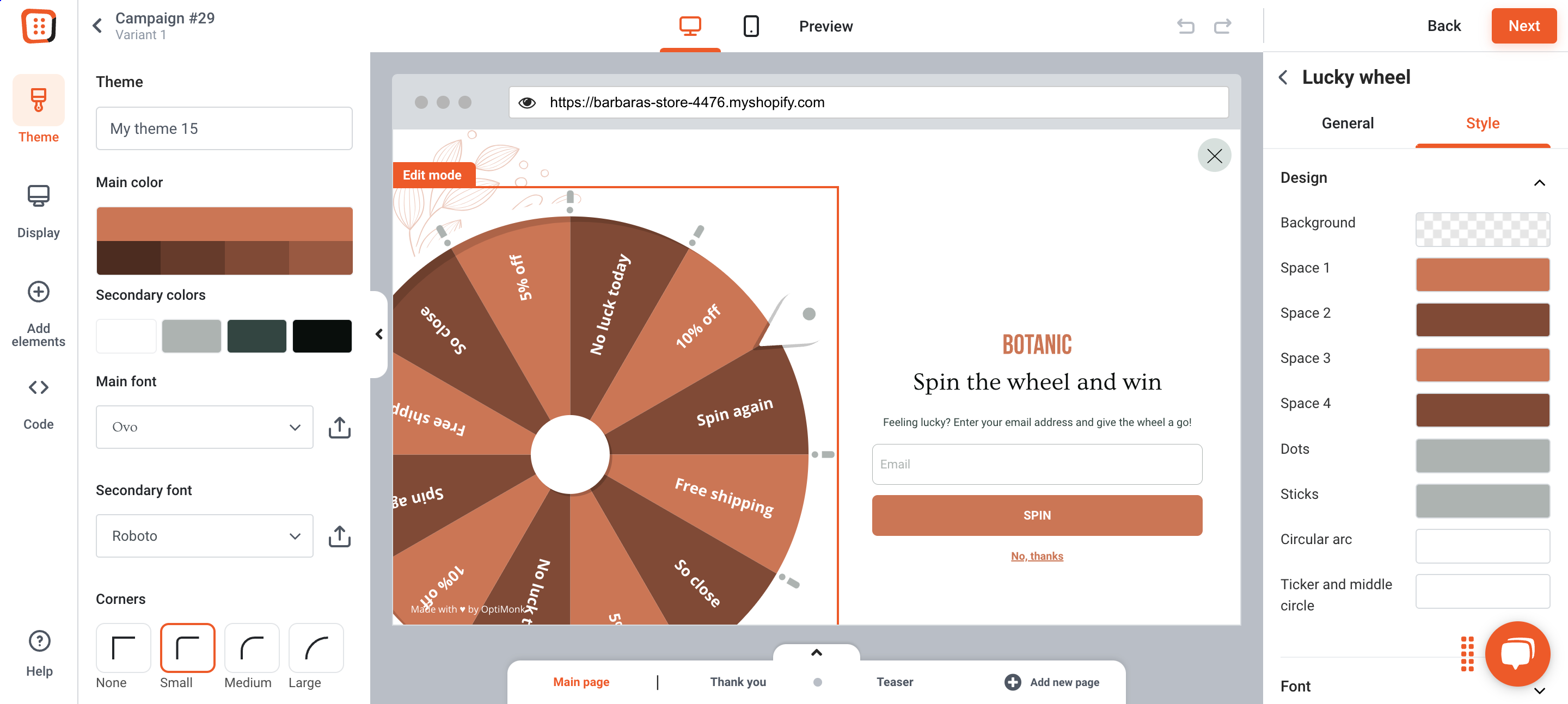 Choose template and create engaging gamified popups with OptiMonk drag and drop editor.