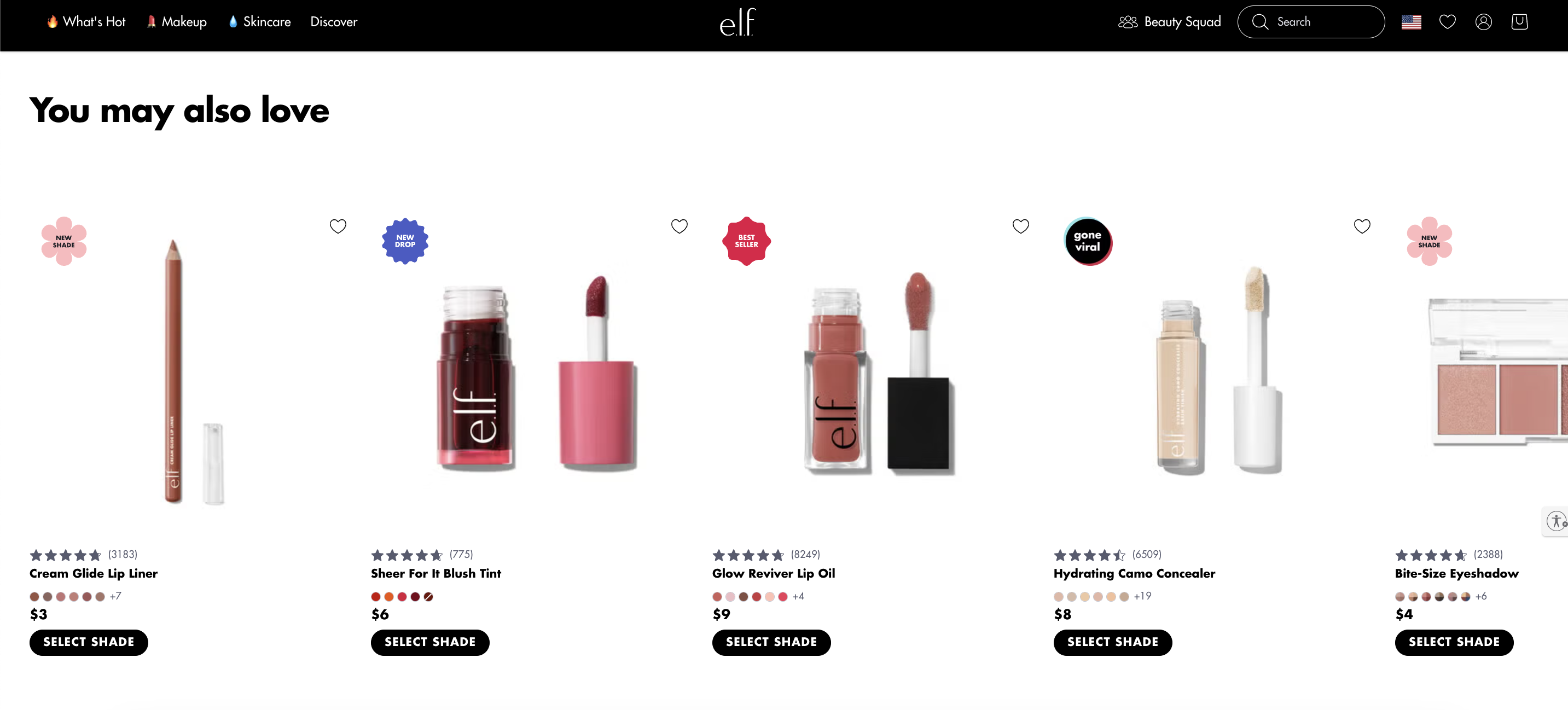 E.L.F. website featuring a 'You May Also Like' section with tailored suggestions, encouraging shoppers to discover the most popular products.