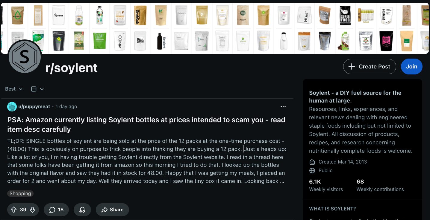 Soylent Reddit profile