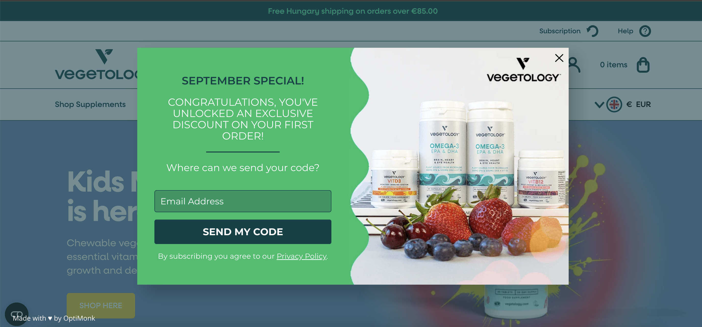 Vegetology's email popup helps to drive sales