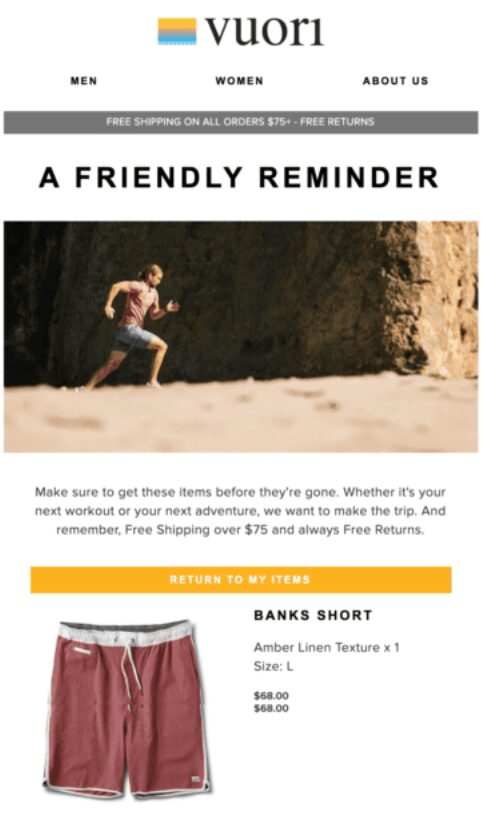 Example of a cart abandonment email from Vuori