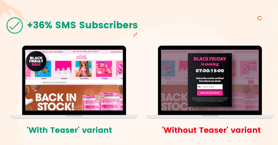 Obvi split testing two versions of Black Friday popup with and without a teaser