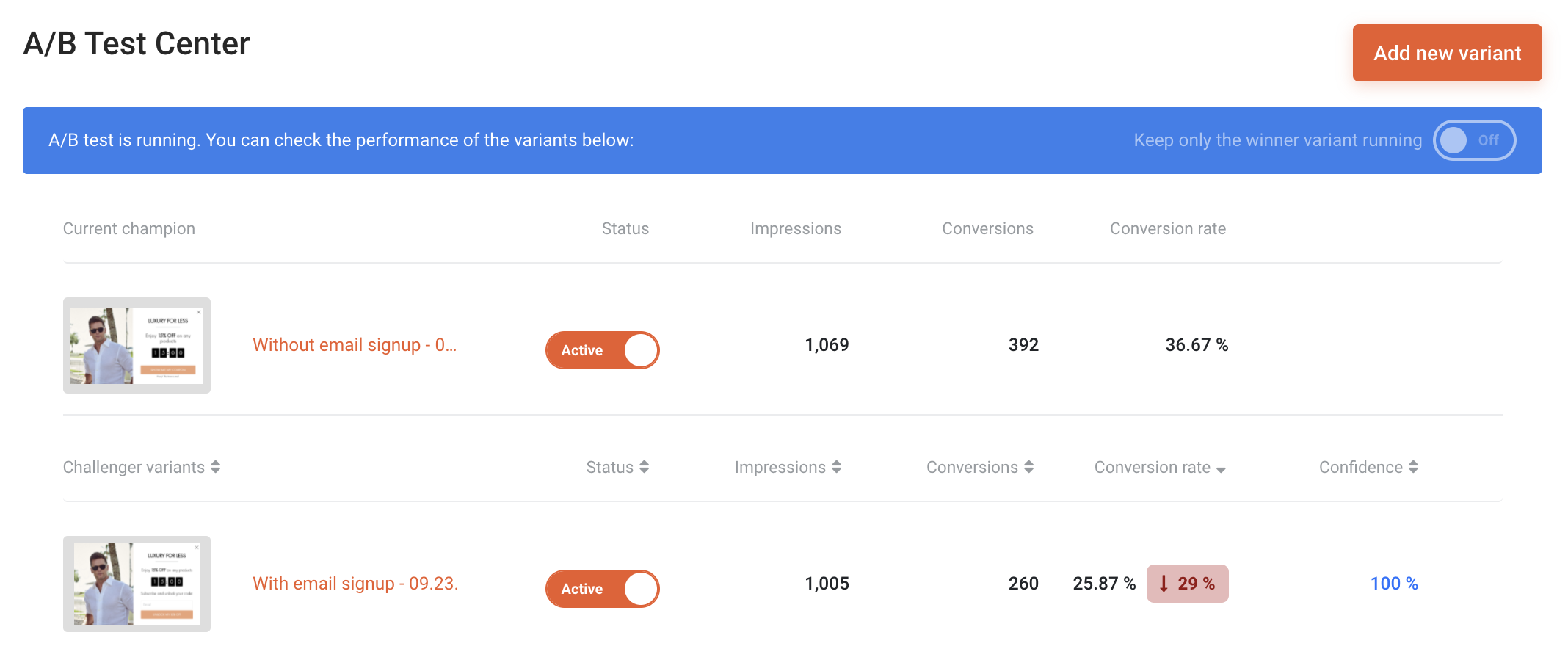 OptiMonk A/B test center