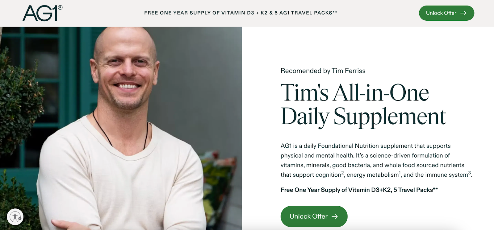 Athletic Greens affiliate site welcoming visitors arriving from Tim Ferris's podcast.
