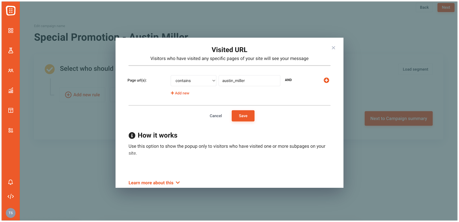 Use the visited URL rule to achieve this targeting.