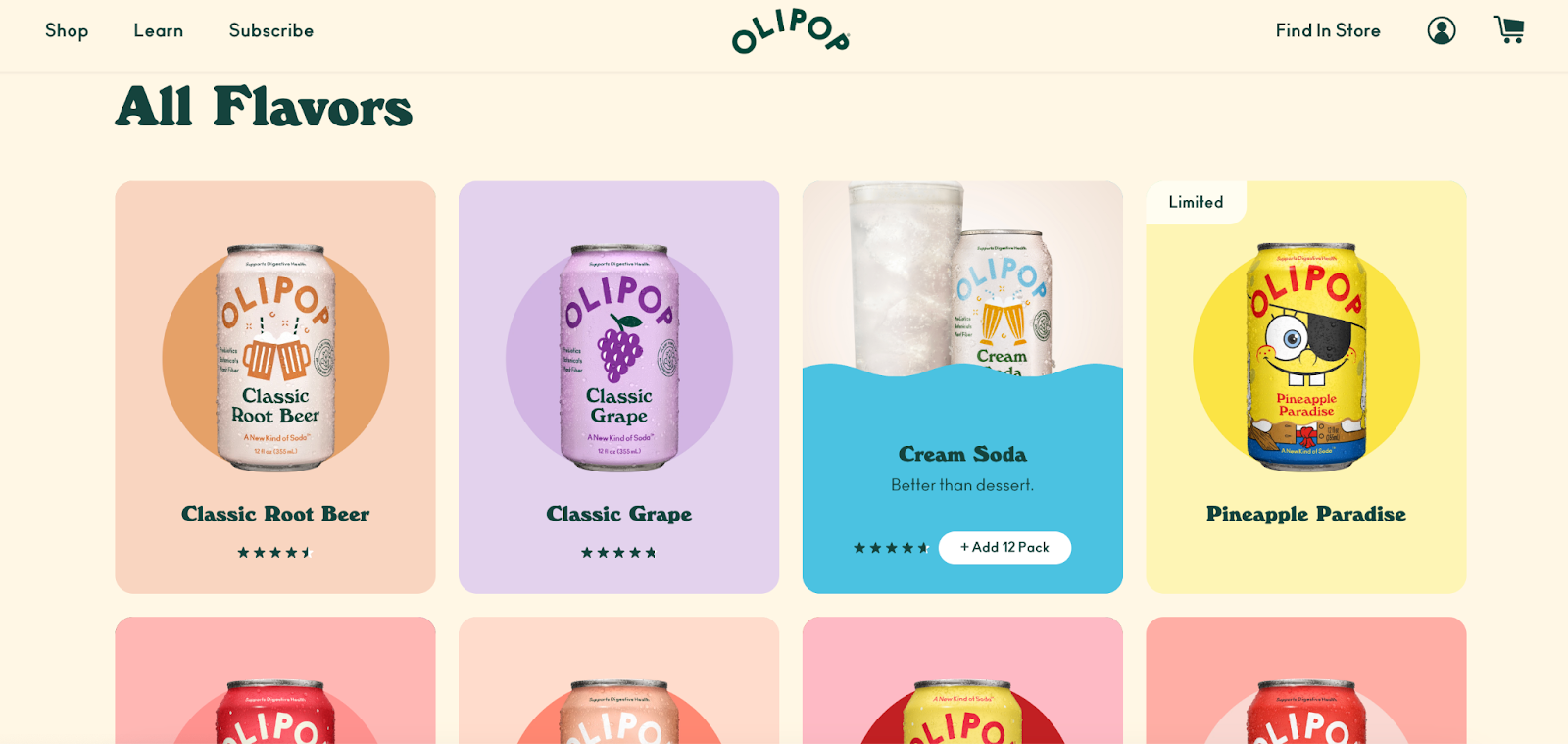 Olipop lists all products on one page