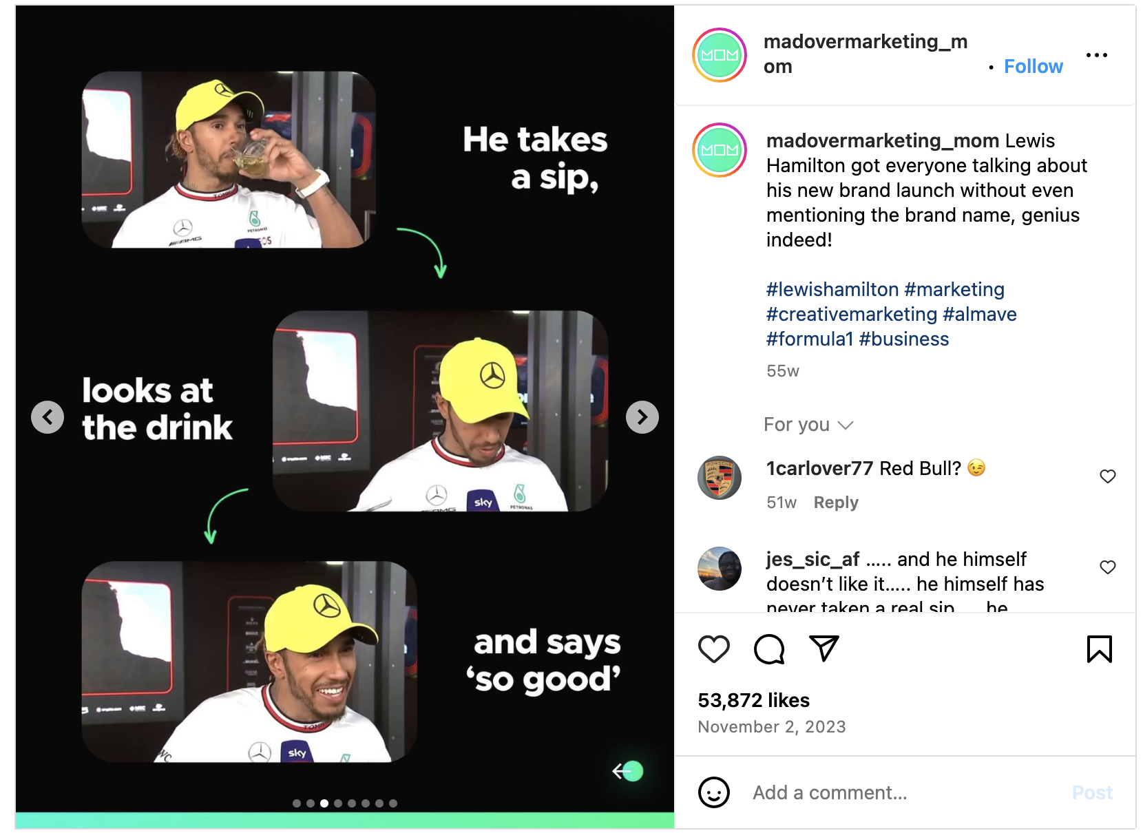 After the Japanese Grand Prix in 2023, Lewis Hamilton casually sipped on a mysterious drink during an interview