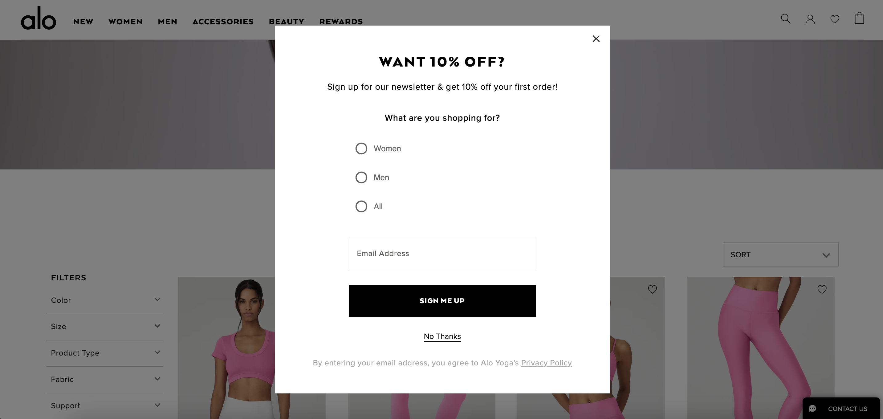 Alo Yoga website pop-ups example