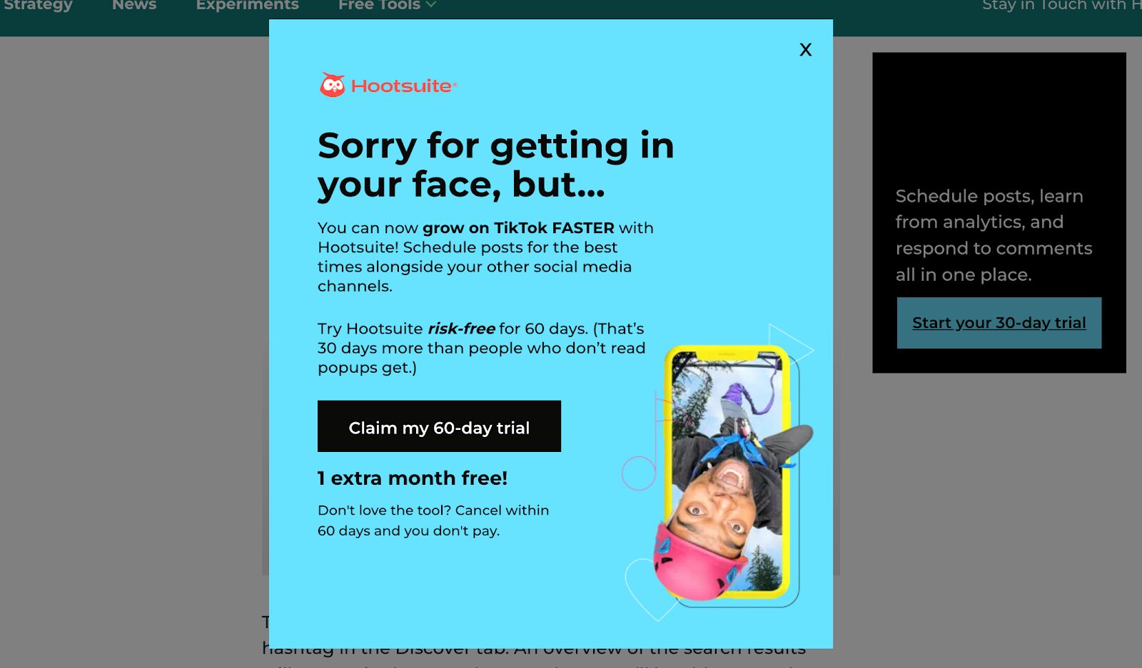 Entice visitors like Hootsuite, by promoting sales for website visitors on their exit intent popup.