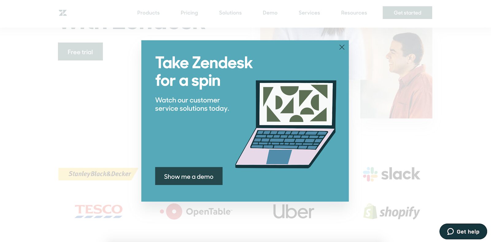 Zendesk's welcome popup offers a demo session for first time customers on their landing pages.