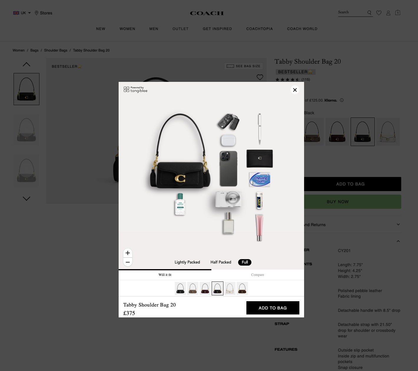 On the product page is the "See Bag Size" button