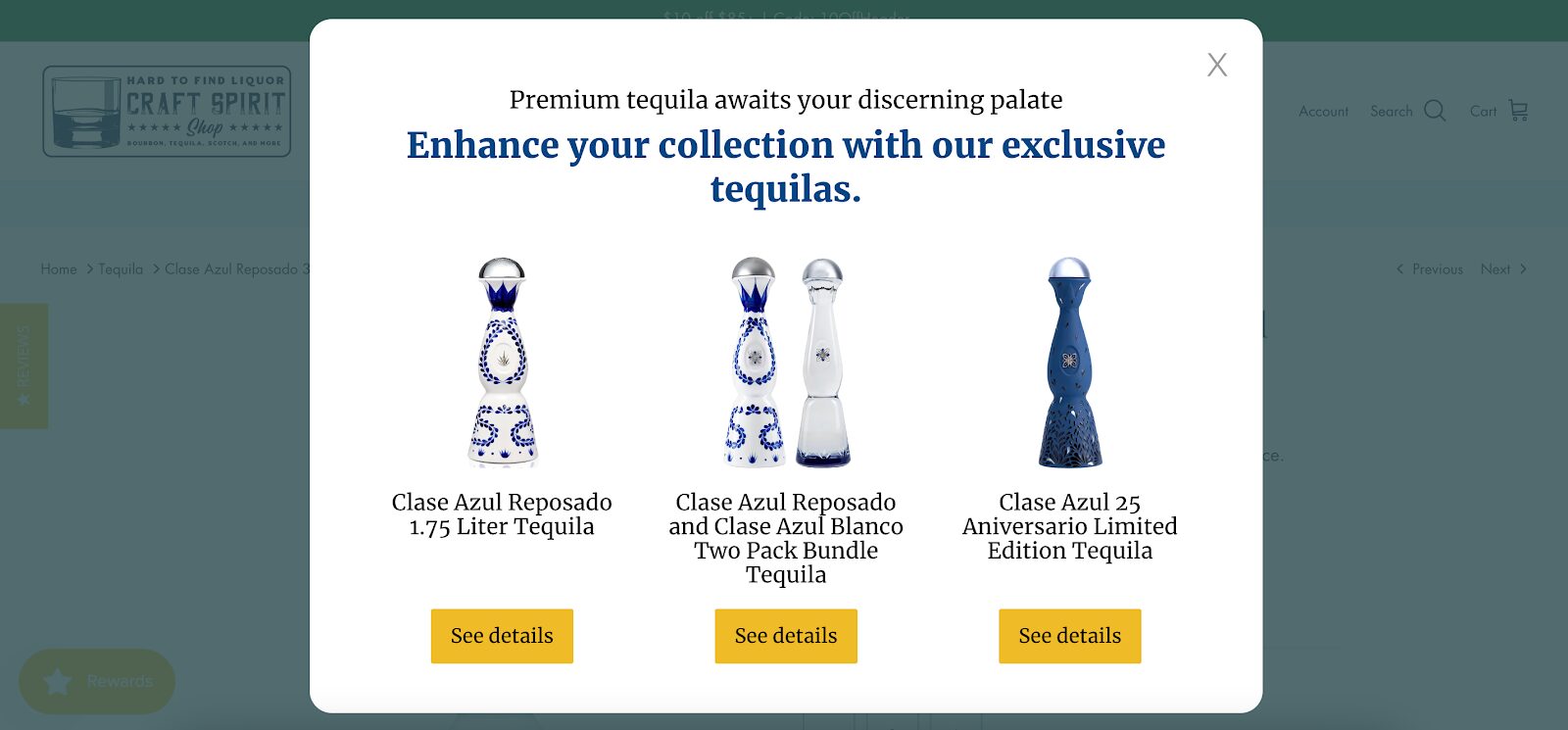 Craft Spirit Shop's creates personalized web experience with product recommendation popup.